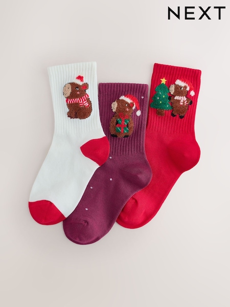 Red, White and Blue - Cotton Rich Christmas Capybara Character Ankle Socks 3 Pack
