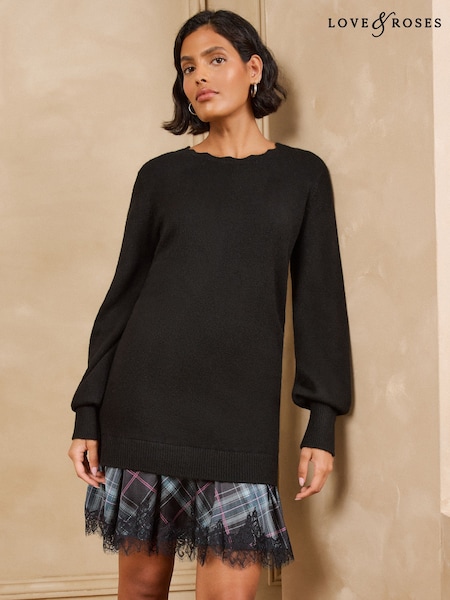 Black - Love & Roses Woven Mix Crew Neck Knitted Mini Dress