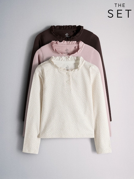 Yulaf ezmesi Marl/Çəhrayı/Şokoladlı Qəhvəyi - The Set 3 Pack Long Sleeve Brushed Jersey Frill Henley T-shirts