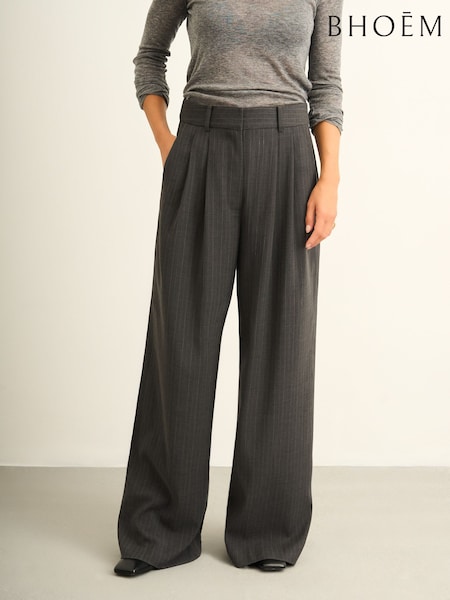 Grey - Wide Leg Pleated Black Trousers With Wool