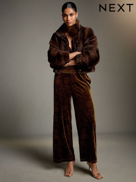 Gold - Wide Leg Floral Embossed Trousers