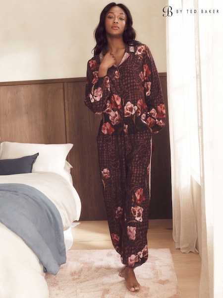Chocolate Brown Floral - B By Ted Baker Chocolate Brown Floral Viscose Nylon Button Thorugh Pyjamas Set With Lace Detail