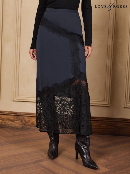 Navy Blue - Love & Roses Satin Placement Lace Midi Skirt