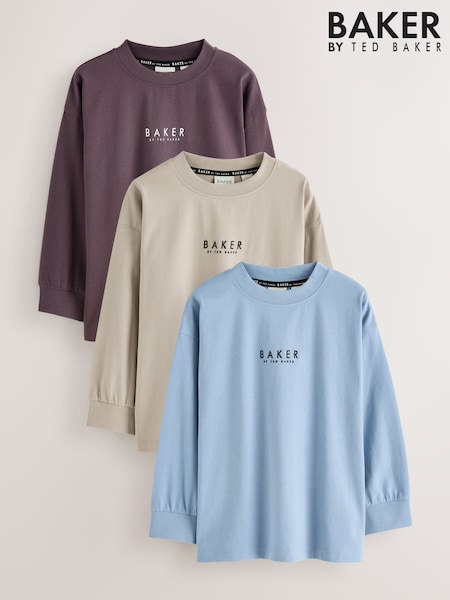 Burgundy/Stone/Blue - Baker By Ted Baker Long Sleeve T-shirts 3 Pack