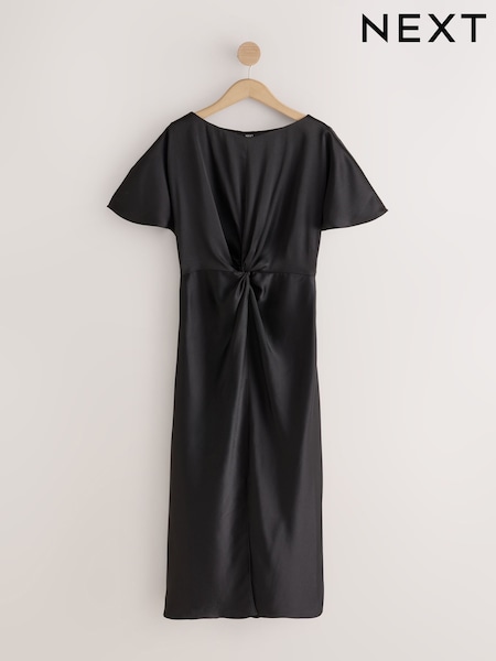 Black - Satin Short Sleeve Twist Front Midi Dress