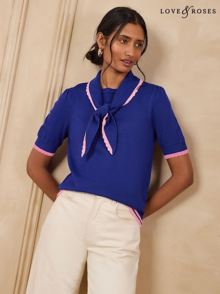 Cobalt Blue - Love & Roses Tie Neck Short Sleeve Knitted Top