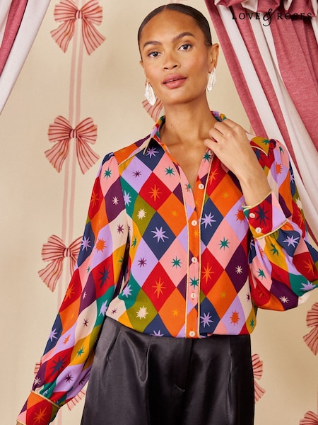 Harlequin Print - Love & Roses Button Through Long Sleeve Shirt