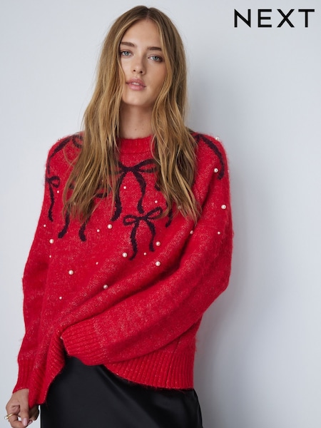 Red - Long Sleeve Pearl And Bow Long Sleeve Knit Jumper