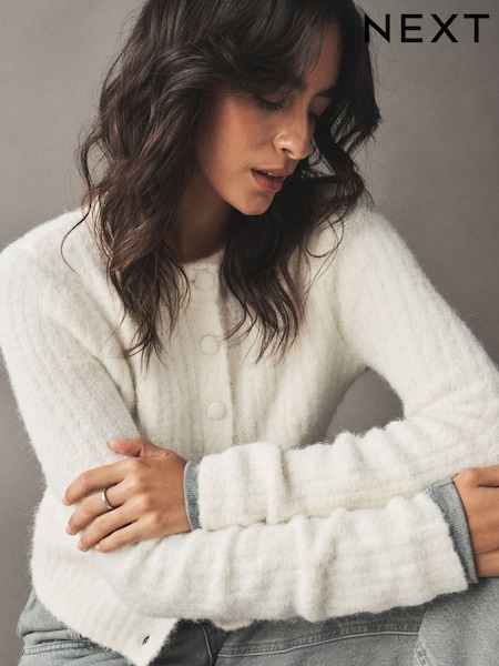 Ecru - Boucle Long Sleeve Slim Fit Cardigan With Wool