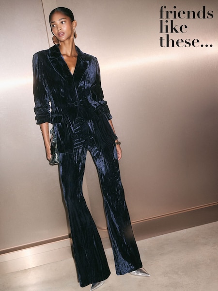 Navy - Friends Like These Crinkle Velvet Flare Trousers