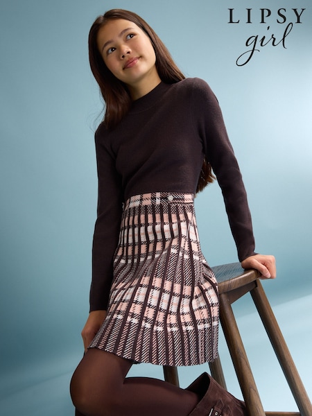 Marrón chocolate - Lipsy Knit 2-in-1 Kilt Dress (5-16yrs)