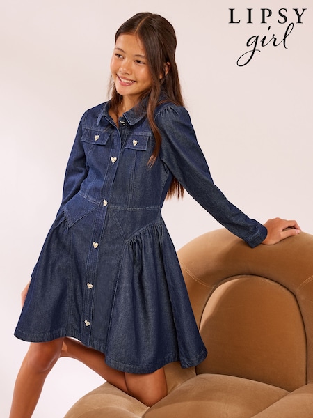 Bleu foncé délavé - Lipsy Denim Long Sleeve Collar Dress (5-16yrs)