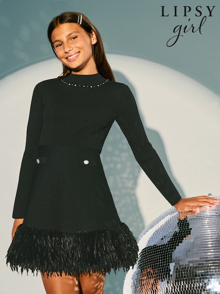 Svart - Lipsy Faux Fur Hem Knitted Party Dress (5-16yrs)