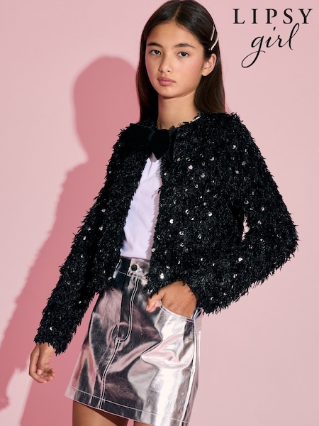 Black - Lipsy Fluffy Sequin Party Jacket (5-16yrs)