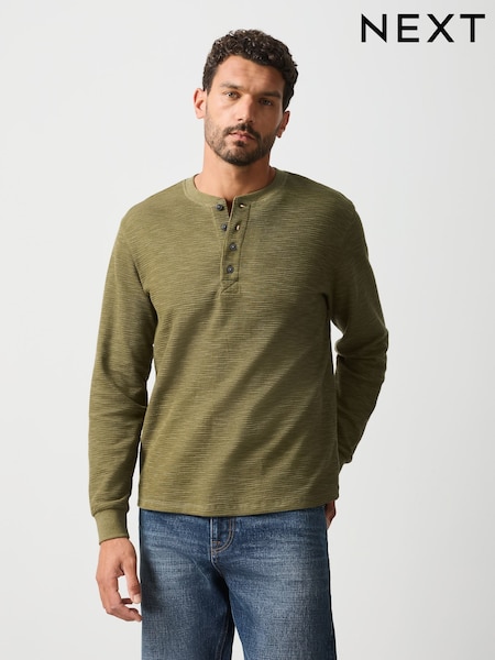 أخضر - Regular Long Sleeve Waffle Henley T-shirt