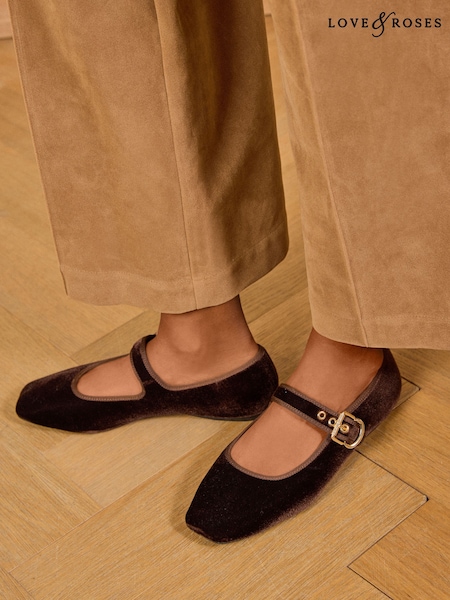 Շոկոլադե շագանակագույն - Love & Roses Velvet Maryjane Ballerinas