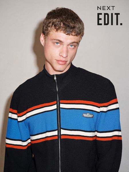 שחור - Regular Edit Colourblock Knitted Zip Up Jumper