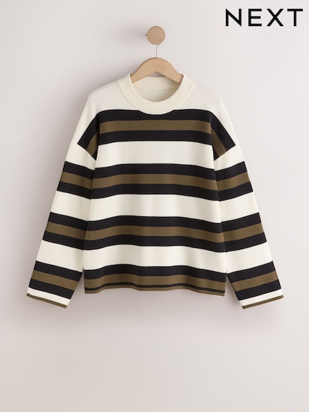 Ecru Cream & Sage - Striped Knit Look Crew Neck Jumper