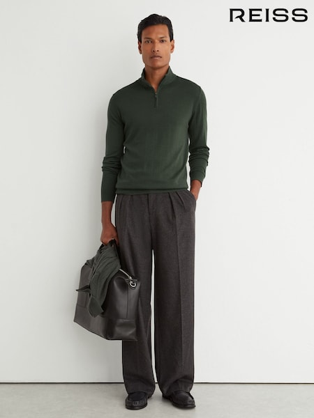Dark Green - Regular Reiss Blackhall Merino Wool Half-zip Funnel-neck Jumper