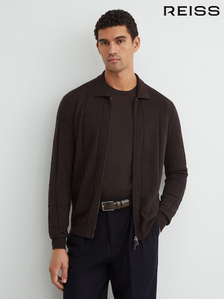 Қою қоңыр - Regular Reiss Martindale Wool Check-textured Zip-through Cardigan