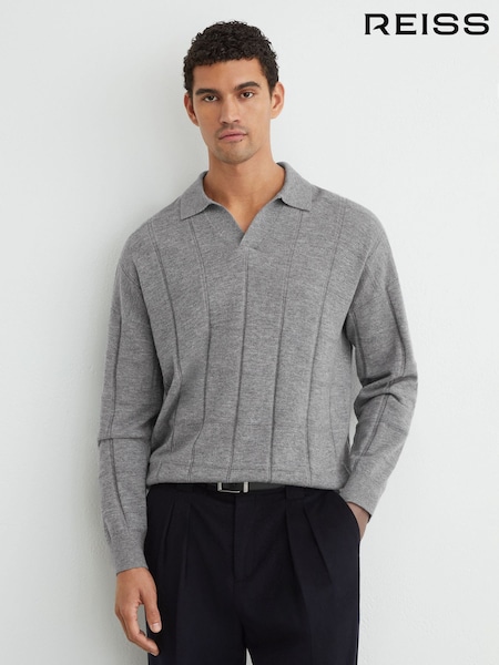 Grey - Regular Reiss Compton Wool Square-textured Open-collar Polo Jumper