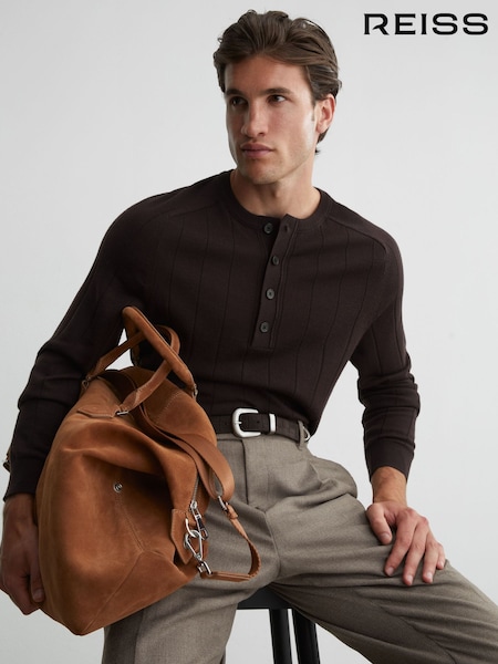 Bitter Brown - Regular Reiss Cambourne Merino Wool Wide-rib Henley Jumper