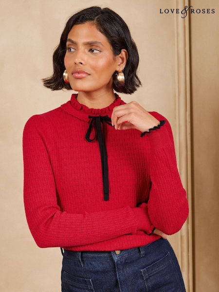 Rojo - Love & Roses Frilled High Neck Tie Detail Long Sleeve Knitted Top