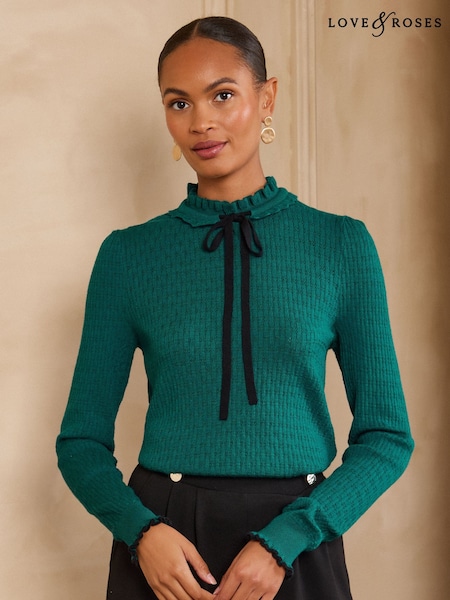 Teal Blue - Love & Roses Frilled High Neck Tie Detail Long Sleeve Knitted Top