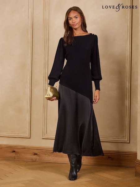 Black - Love & Roses Satin Woven Mix Boat Neck Knitted Midi Dress