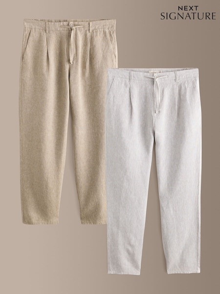 Šedá/šedohnědá - Regular Signature Linen Trousers With Elasticated Waist 2 Pack
