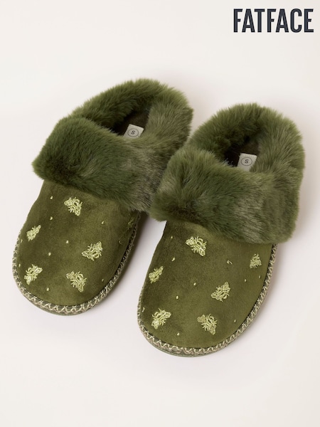 كاكي أخضر - Fatface Faux Fur Mule Slippers
