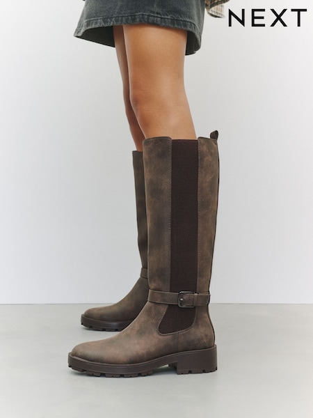 Chocolate Brown - Forever Comfort® Casual Buckle Knee High Boots