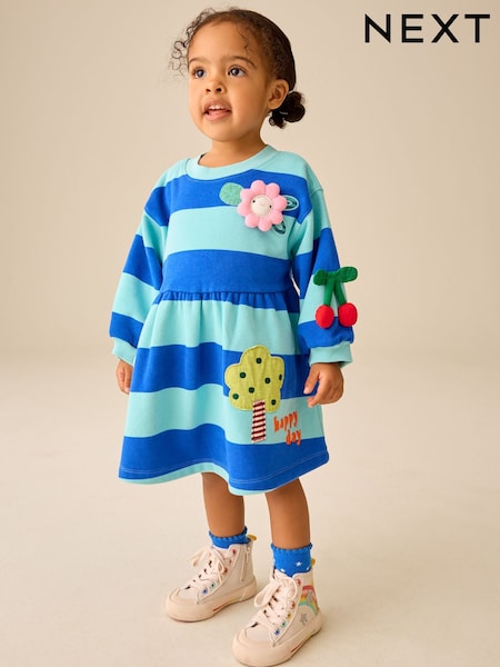 Blue/Navy Stripe Bunny - Long Sleeve Sweat Dress (3mths-7yrs)