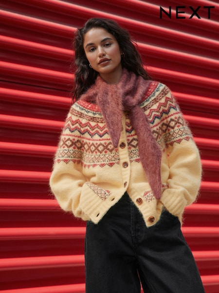 Yellow/Multi - Fairisle Long Sleeve Cardigan With Wool