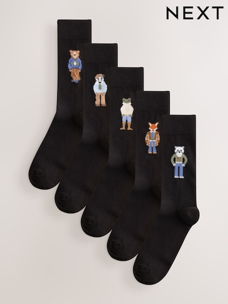 Black Jaquard Animal - Regular Pattern Socks 5 Pack