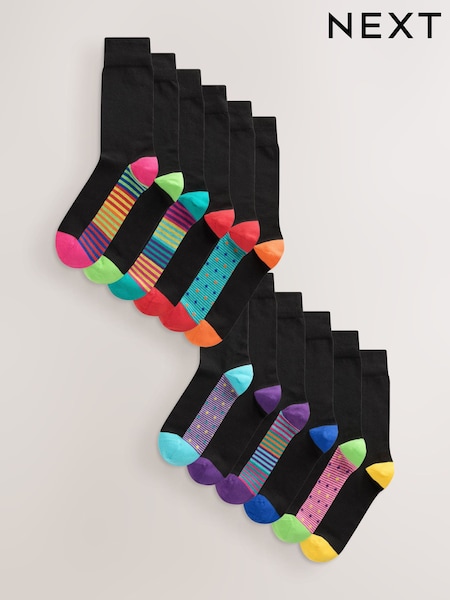 Black Bright Spot Stripe Footbed - Regular Essential Cotton Rich Socks 12 Pack