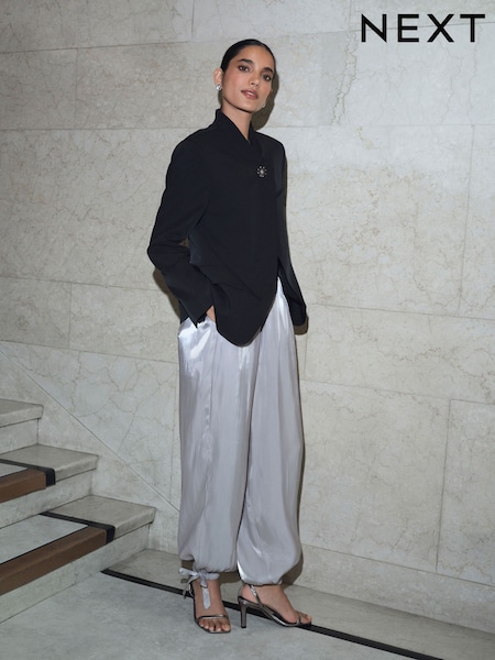 Silver - Metallic Balloon Leg Trousers