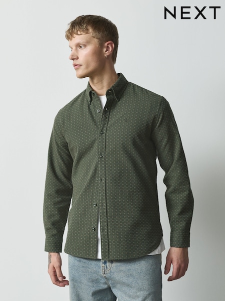 Green - Regular Geo Print Stretch Oxford Long Sleeve Shirt