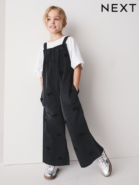 Charcoal Grey Velvet Bow - Dungarees (3-16yrs)