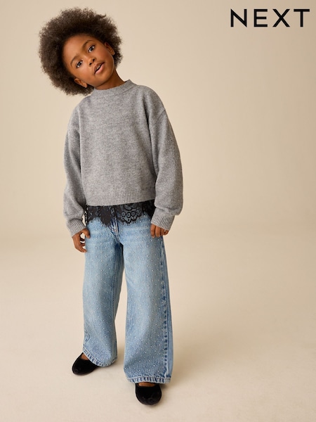 Grey - Lace Trim Knitted Jumper (3-16yrs)