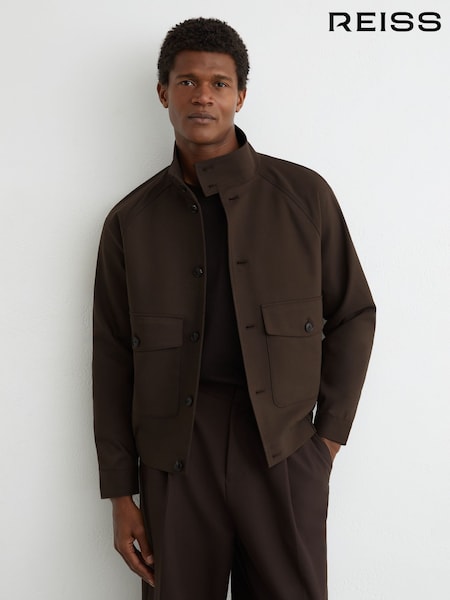 Taupe Brown - Regular Reiss Romano Cotton-blend Harrington Jacket