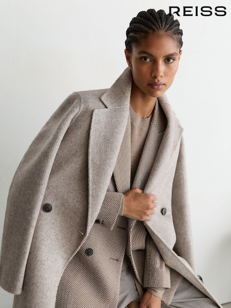 Lysegrå - Reiss Daia Herringbone Double-breasted Blind-seam Coat Wool-blend