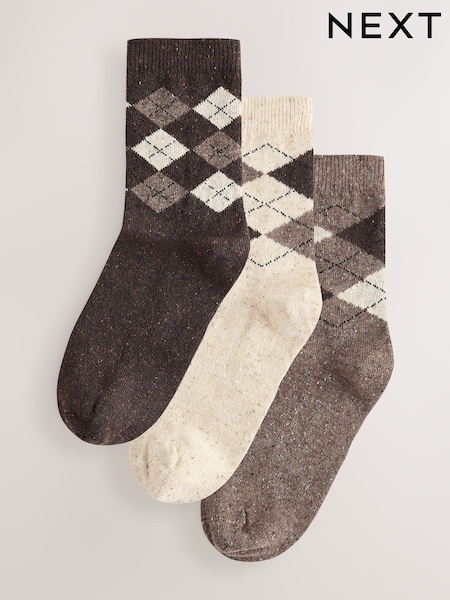 Neutral Argyle Pattern - Thermal Wool Blend Ankle Socks 3 Pack