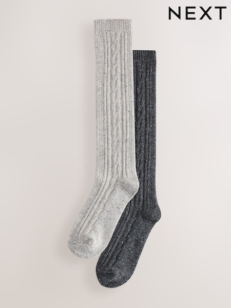 Charcoal Grey/Light Grey - Thermal Wool Blend Cable Knit Knee High Socks 2 Pack