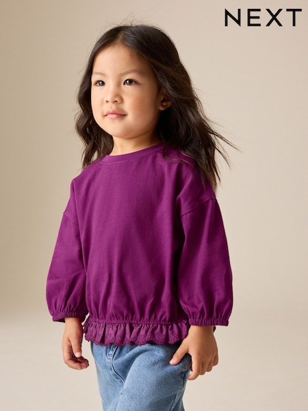 Burgundy - Long Sleeve Broderie Hem Top (3mths-7yrs)