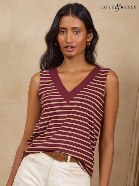 Burgundy Red Stripe - Love & Roses V-neck Jersey Vest