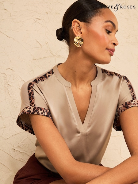 Beige Animal Tipped Cuff - Love & Roses Notch Neck Satin Front Jersey T-shirt