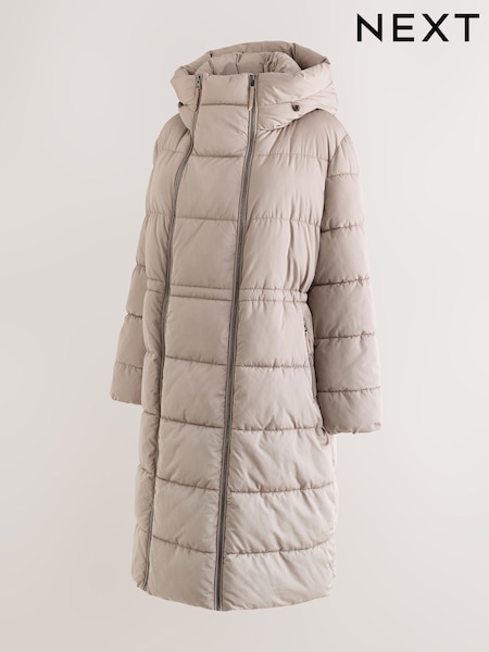 Grey - Maternity Shower Resistant Hooded Long Wadded Coat