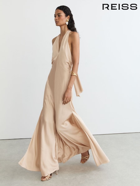 Champagne Neutral - Reiss Lilianna Satin Halterneck Empire-line Maxi Dress