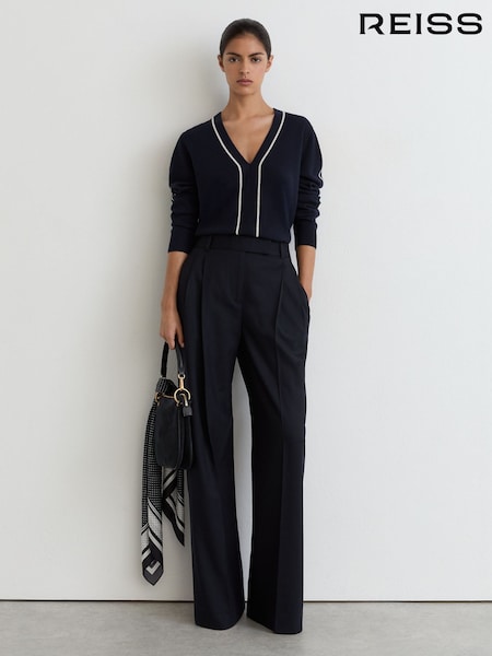 Marineblau/Elfenbein - Reiss Mila Wool-blend V-neck Stripe-detail Jumper With Cashmere